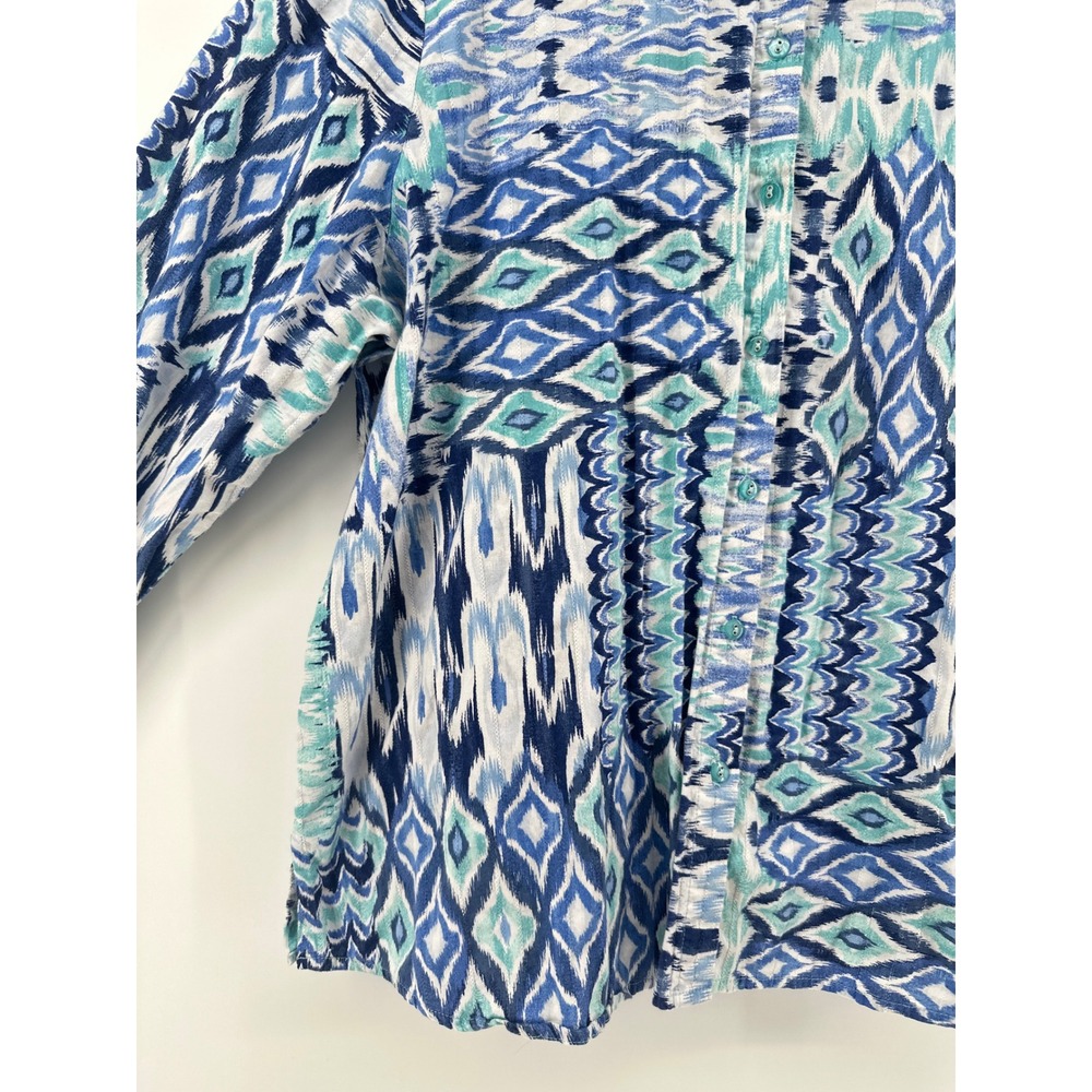 Allison Daley Plus 1X Blue Ikat Patchwork Cotton Button Front 3/4 Sleeve Blouse - Picture 7 of 11